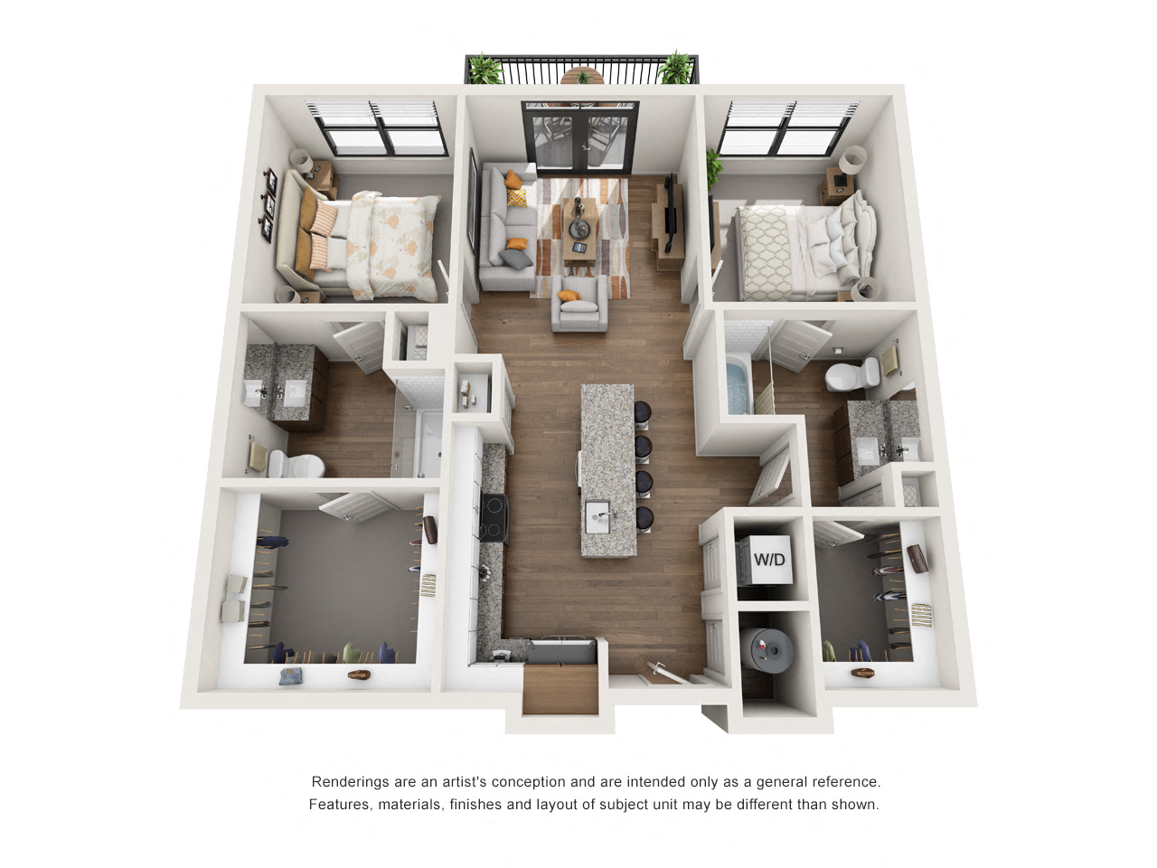 Floor plan for 2 beds, 2 baths, 933 sqft